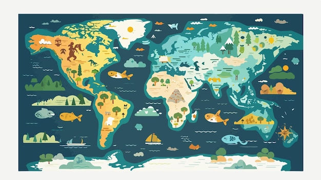 Vector detailed world map with continents and illustration background