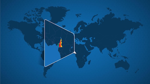 Detailed world map with pinned enlarged map of Cameroon and neighboring countries. Cameroon flag and map.