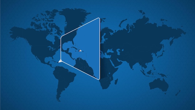 Detailed world map with pinned enlarged map of Dominican Republic and neighboring countries. Dominican Republic flag and map.