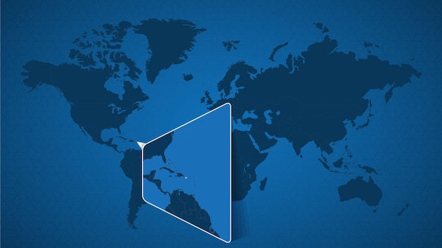 Detailed world map with pinned enlarged map of Puerto Rico and neighboring countries. Puerto Rico flag and map.