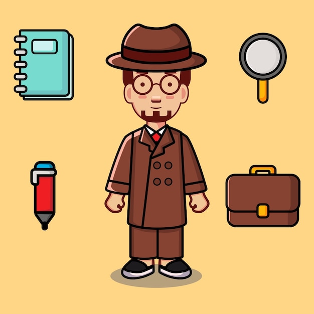 Vector detective character in brown shirt and hat