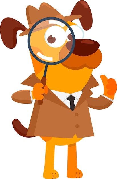 Vector detective dog cartoon character holding a magnifying glass vector illustration flat design