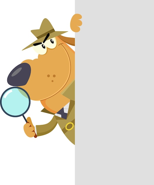 Detective Dog Cartoon Character With Magnifying Glass Peeking Out Corner