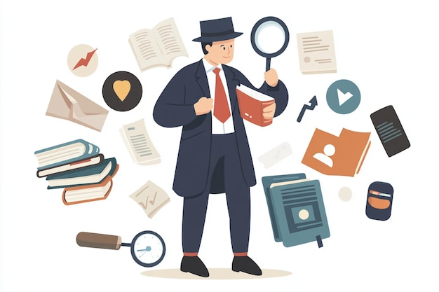 Vector detective holding magnifying glass and books