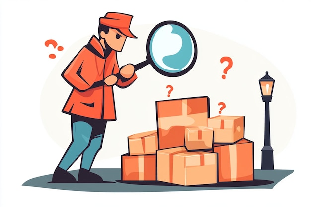 Vector detective shining magnifying glass on boxes