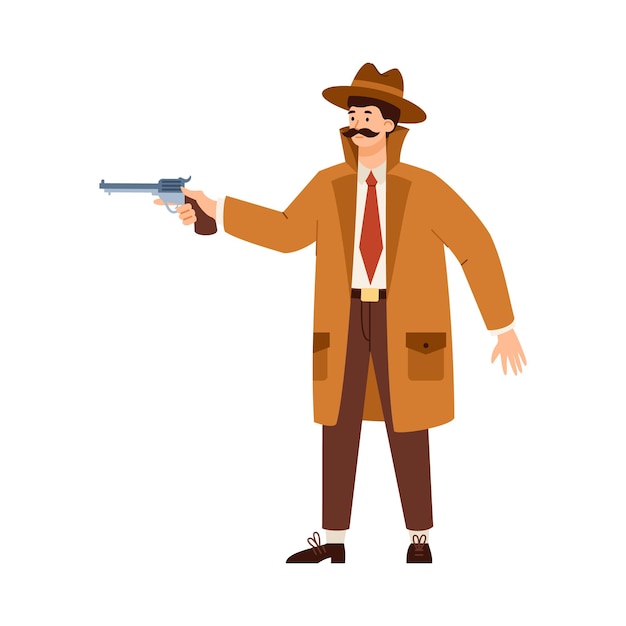 Detective or spy in hat aiming with gun flat vector illustration isolated