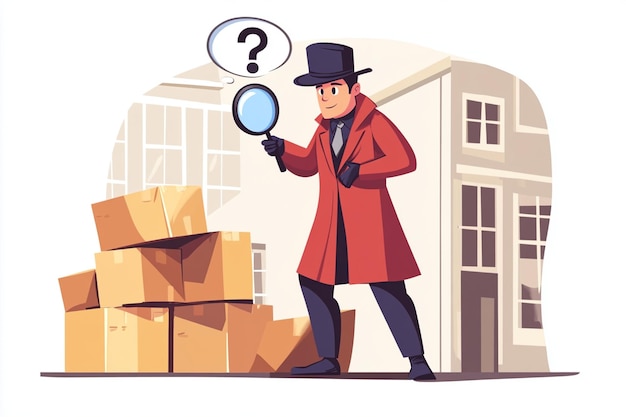 Vector detective with red coat holding magnifier