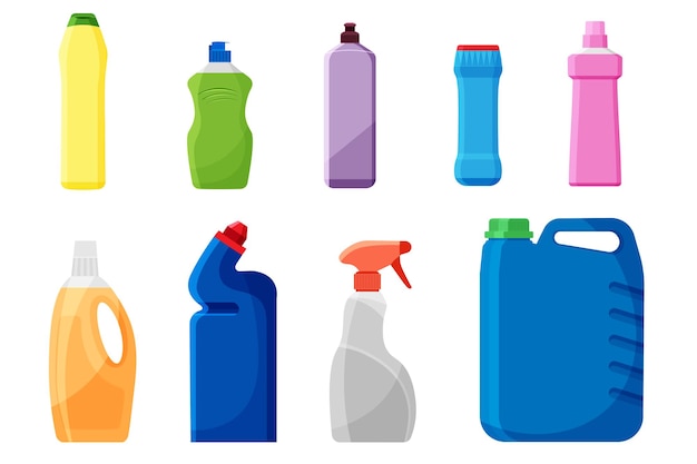 Detergent bottle icon set Washing gel Template of cleaning supplies Isolated vector illustration