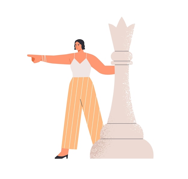 Determined ambitious business leader pointing at strategic goals. Leadership, strategy and tactics concept. Confident woman with chess piece. Flat vector illustration isolated on white background