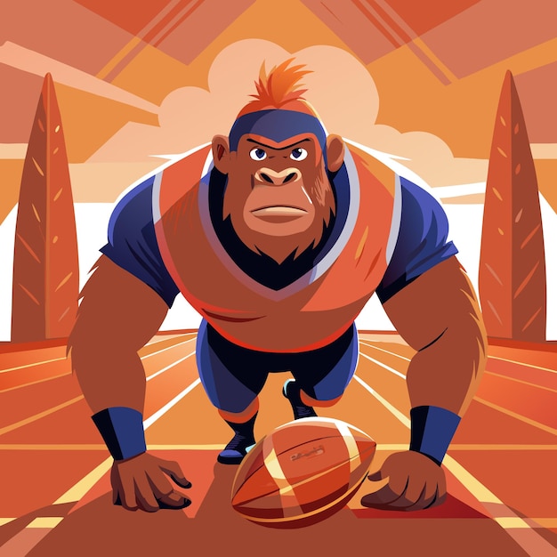 A determined gorilla in a football uniform prepares to play on a field with a football at his feet