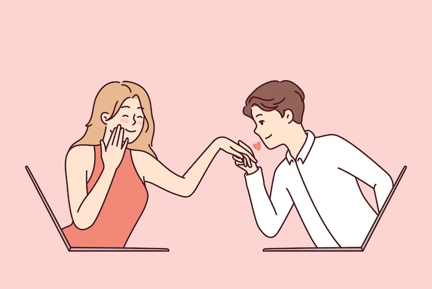 Determined guy kisses hand of embarrassed girl looking out of laptop screen Vector image