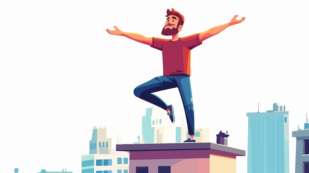 Vector determined man practicing tree pose on building rooftop