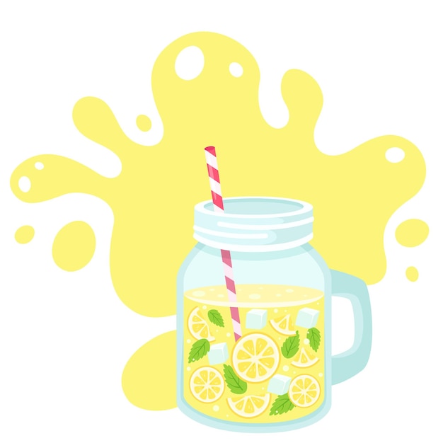 Detox water with lemon slices, ice cubes, mint in jar