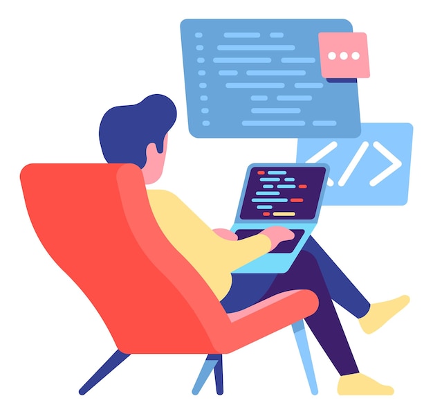 Developer working from home. Man sitting on chair and coding on laptop. Vector illustration