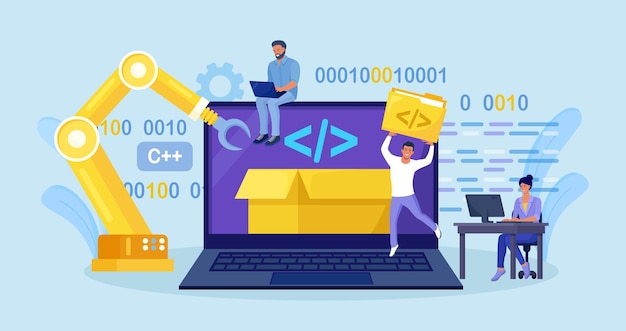 Developers creating software script at computer with open robotic soft Open automation architecture open source free development Programmers programming website for internet platform