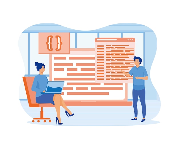 Developers and DevOps Technical support teams working together to build an engineering system flat vector modern illustration