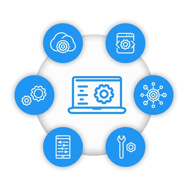 Development, engineering, configuration icons in linear style