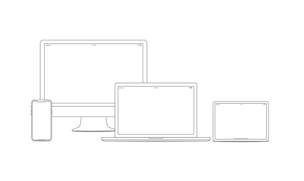 Device and gadget line art set. Laptop, smartphone, modern portable and compact personal computer machines for home and office work. Vector line art device illustration