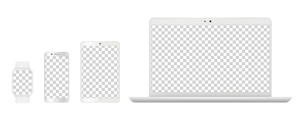 Device mockups. Realistic white laptop, smartphone tables and smart clock. Isolated gadgets with transparent screens vector illustration. Laptop computer monitor, mockup notebook and screen phone