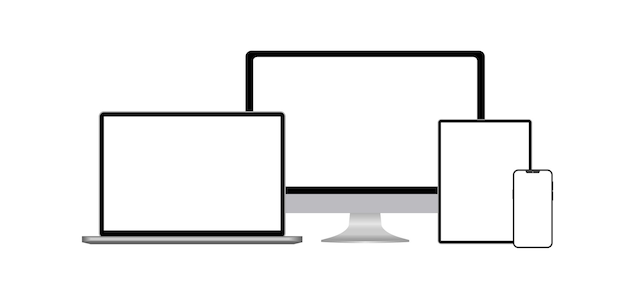 Device screen mockup. Smartphone, tablet, laptop and monoblock monitor, with blank screen for you de