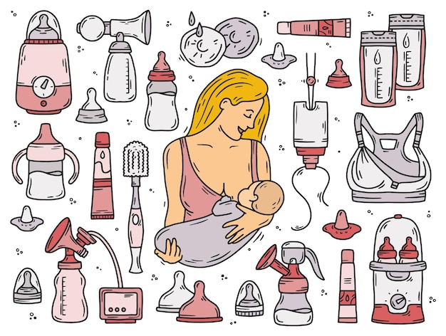 Devices for breastfeeding with milk or infant formula pink icons set with a woman and a baby