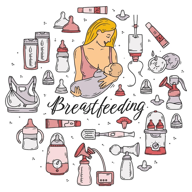 Vector devices for breastfeeding with milk or infant formula vector pink icons set with a woman and a baby