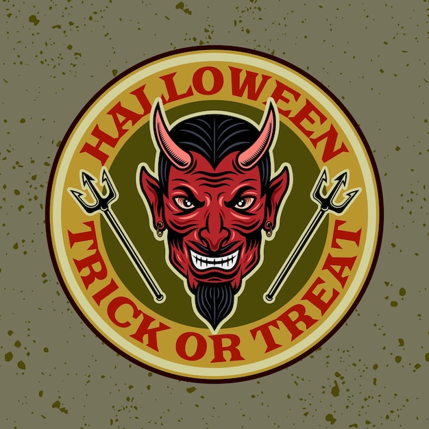 Devil head vector round colored emblem badge label or logo in cartoon style illustration