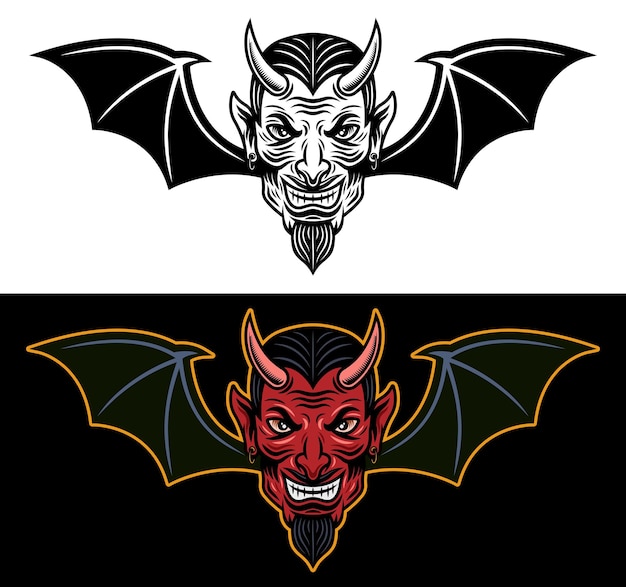 Devil head with bat wings two styles black on white and colored on dark background vector illustration