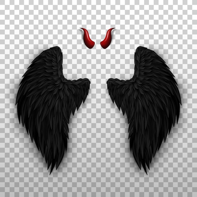 Devil horns and black wings isolated on transparent background Monster dark angel outfit