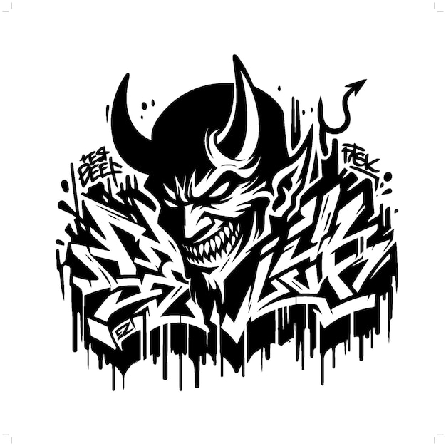 devil lucifer satan silhouette horror character in graffiti tag hip hop street art typography illustration