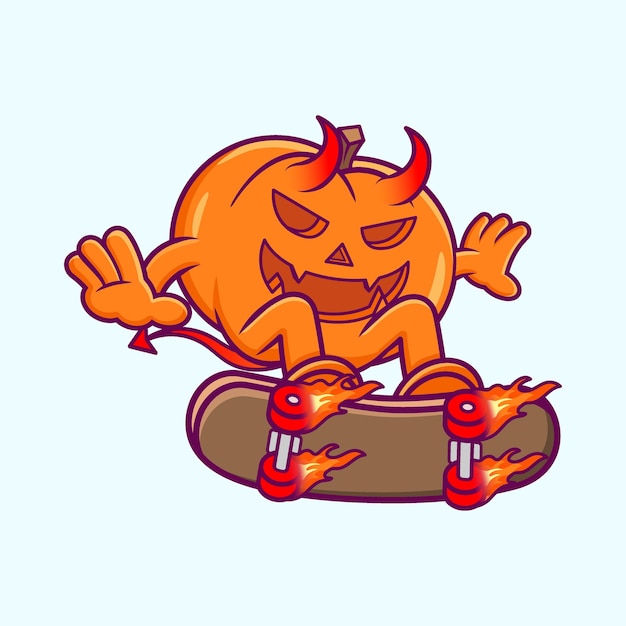 Devil Pumpkin Playing Skateboard cartoon vector. Halloween flat cartoon style Premium Vector