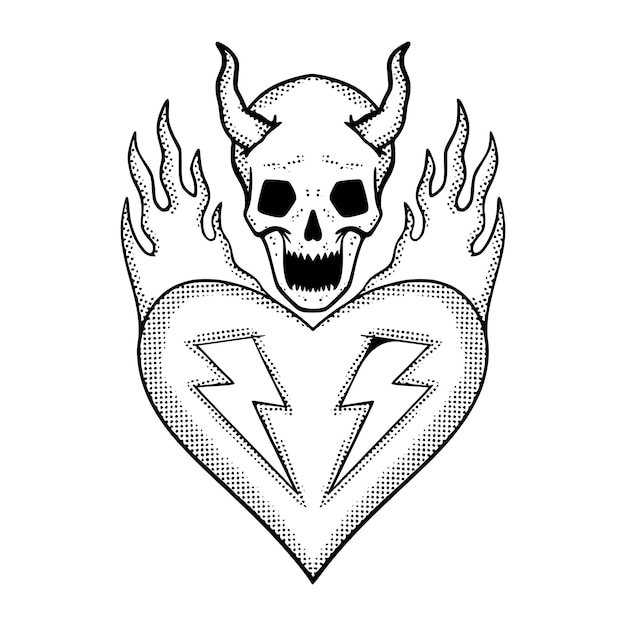 Devil skull love fire doodle illustration hand drawn vector