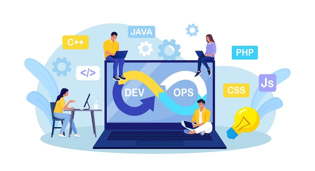 DevOps concept Programmers practice of development and software operations Developer working on operations process technical support programming code Programmer using devOps method Vector design