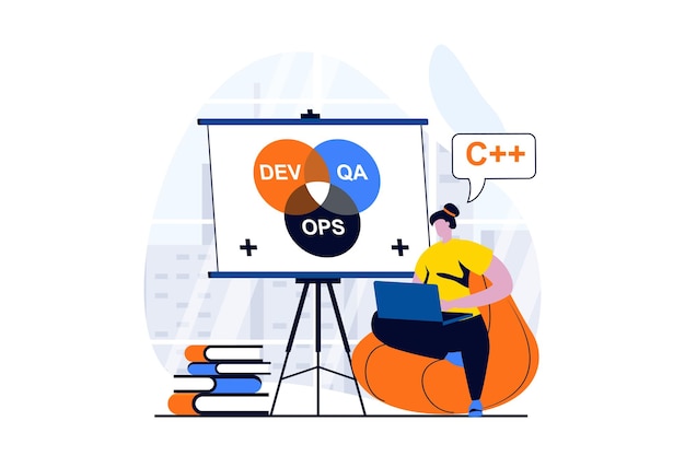 DevOps concept with people scene in flat cartoon design Woman coding and programming apps or programs while manager optimize effective work process i team Vector illustration visual story for web