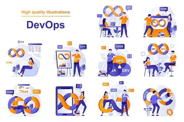 Devops web concept with people scenes set in flat style bundle of programmers interact with tech sup