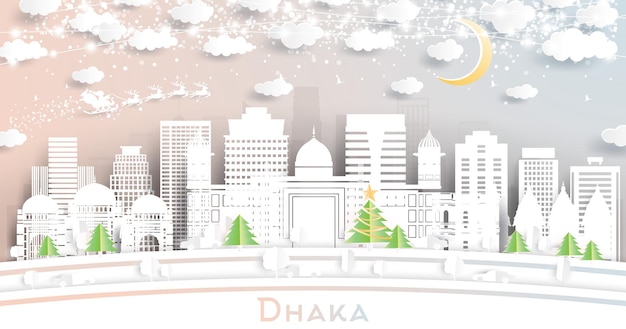 Dhaka Bangladesh City Skyline in Paper Cut Style with Snowflakes Moon and Neon Garland