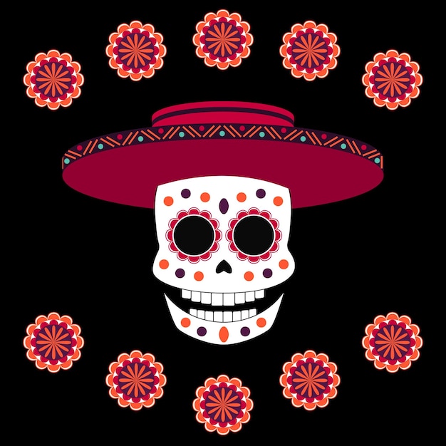 Dia de los mortes skull with sombrero and flowers