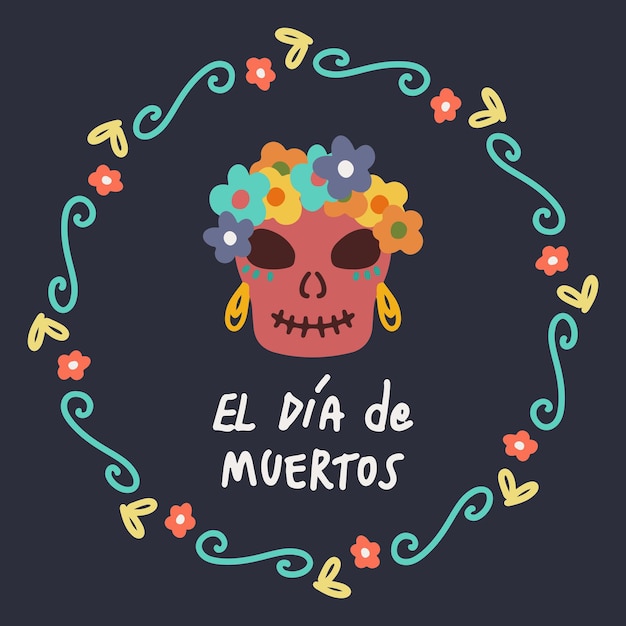 Dia de los Muertos banner template. Day of the Dead - skull decorated with flowers