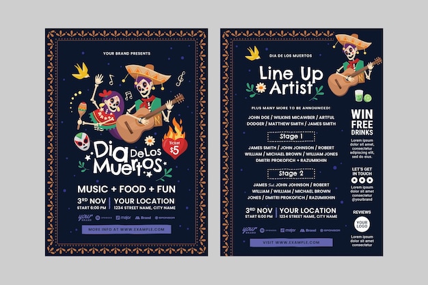 Vector dia de los muertos celebration flyer template in vector