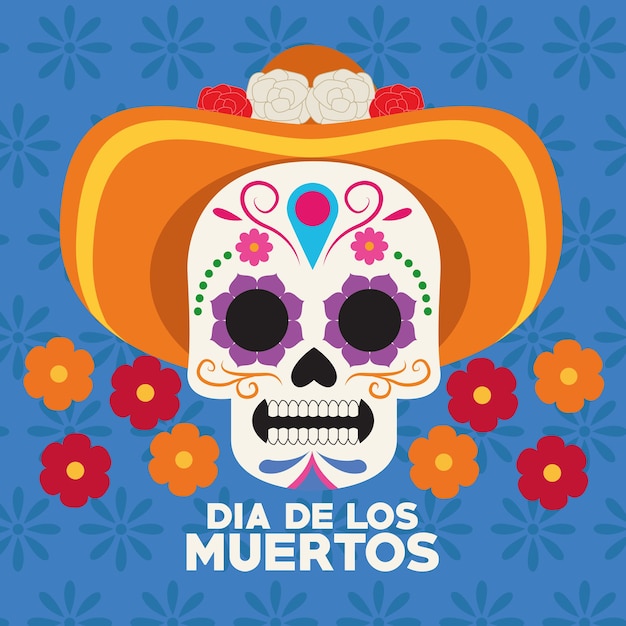 Dia de los muertos celebration poster with skull head wearing hat vector illustration design