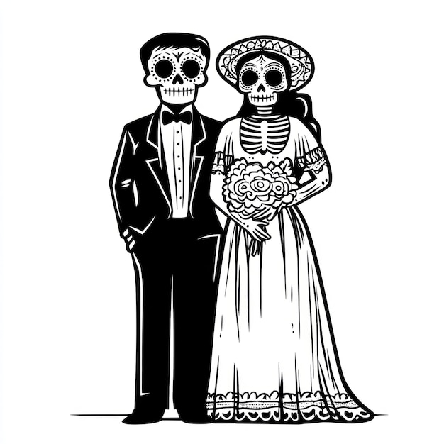 Vector dia de los muertos or day of the dead couple full length clean simple icon linear black