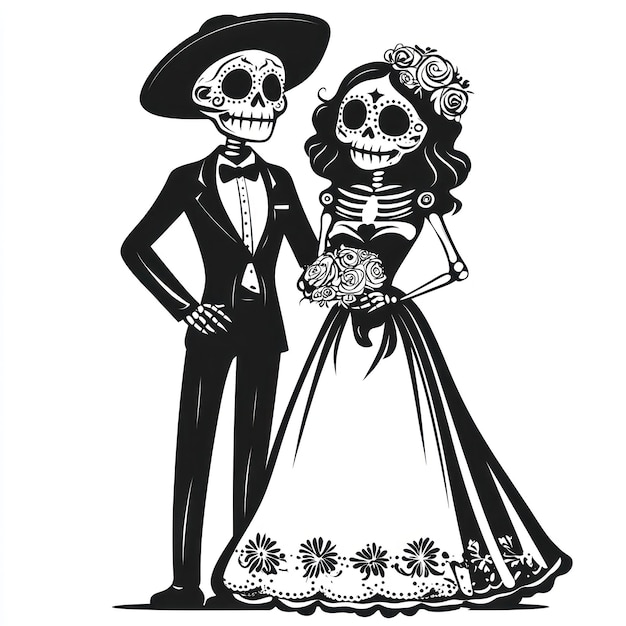 Vector dia de los muertos or day of the dead couple full length clean simple vector outline black