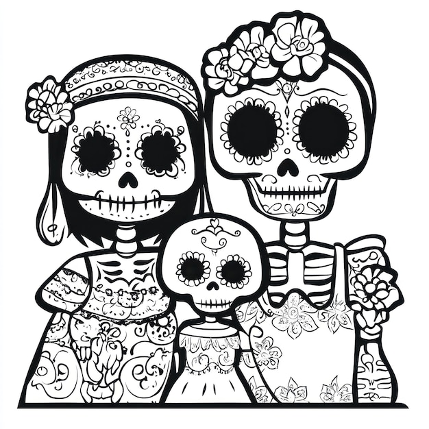 Vector dia de los muertos or day of the dead family clean simple vector outline black