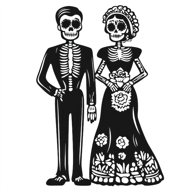 Vector dia de los muertos or day of the dead figurine of skeletons of a man and a woman clean simple vector outline black