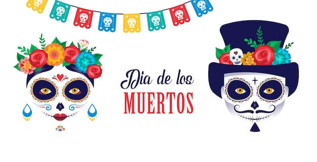 Dia de los muertos day of the dead mexican holiday festival poster banner and card with make up of