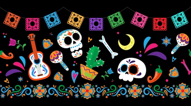 Dia de los muertos  day of the dead seamless border pattern