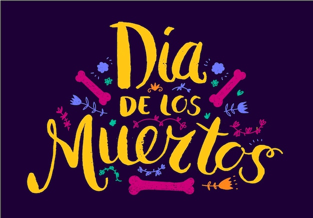 Dia de los Muertos day of the Dead vector poster or card with spanish text lettering illustration Hand drawn