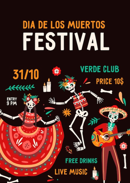 Dia de los muertos festival poster vector flat illustration. Traditional Mexican holiday party invitation with place for text. Skeletons in national Hispanic costumes with festive attributes.