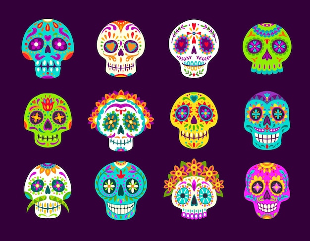 Dia de los muertos mexican calavera sugar skulls Day of the dead holiday Cartoon vector set of male and female craniums with floral pattern Traditional Mexico festival symbols for Death celebration