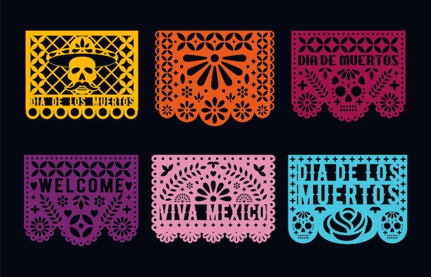 Dia de los muertos - mexican Day Of The Dead. Cut Out Paper cards set. Papel picado collection.